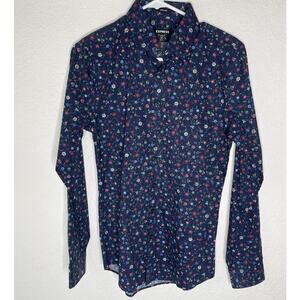 Express Floral Fitted Men's Floral Dark Navy Blue Cotton Button Down Shirt Xsmal